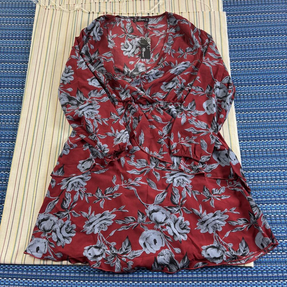 Muguest Dress Womens Large Red Floral Wrap Ruffle Long Sleeve Short V Neck Party